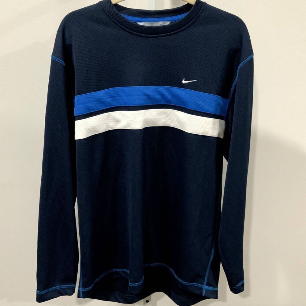 Men's Y2K 90's Nike Navy Long Sleeve Striped Shirt Size Large